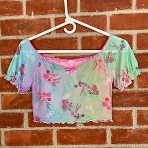 Sugar Thrillz pink butterfly with mesh floral short sleeve colorful crop…